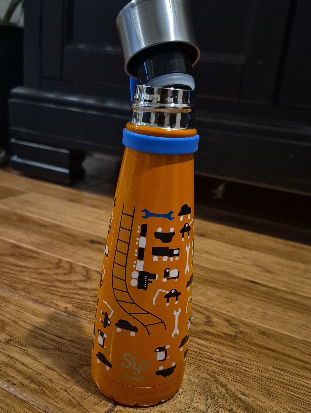 Sip By S'well Orange Water Bottle with Playful Tool Print and Blue Neck Ring